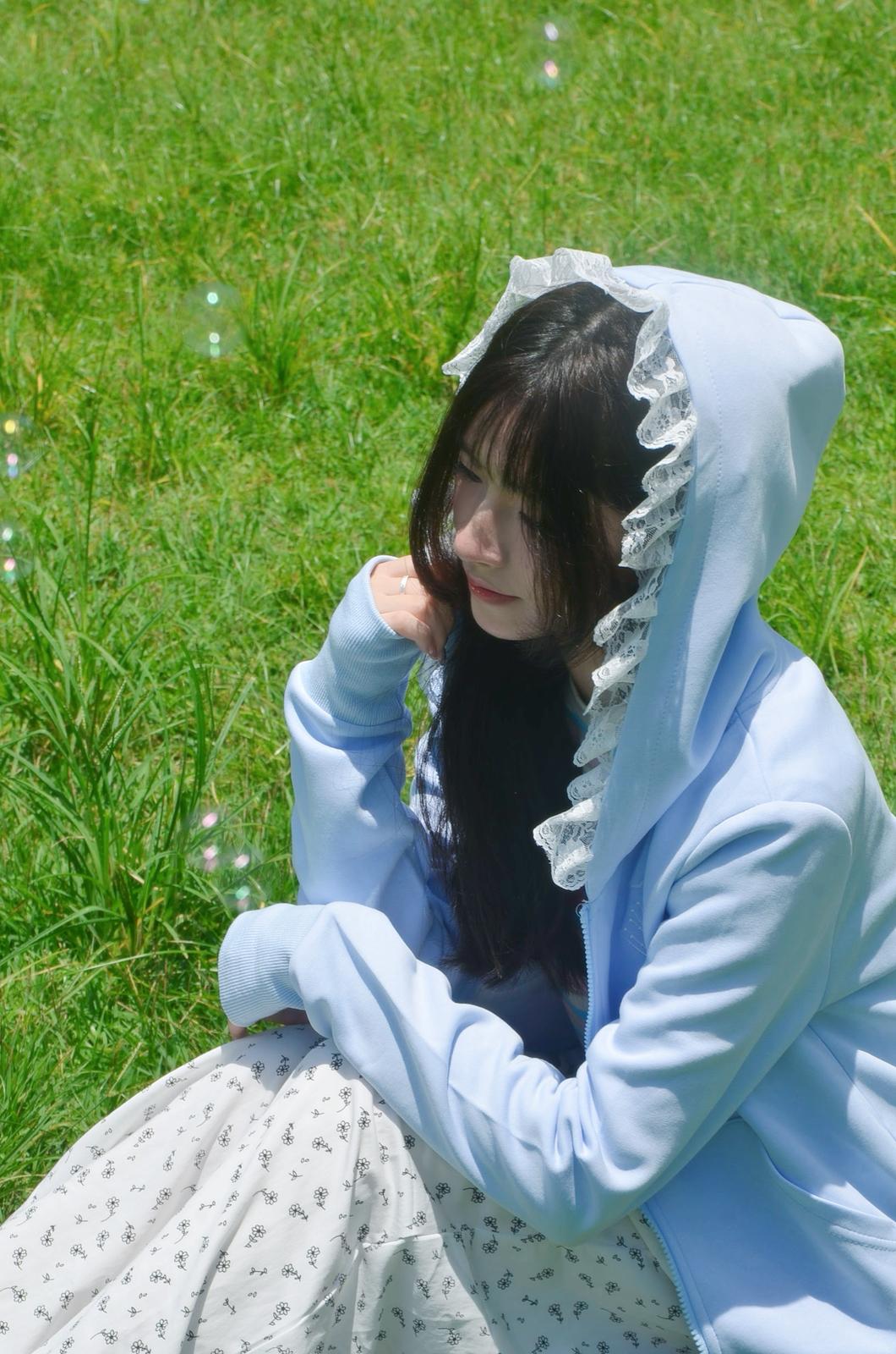 Light Blue Lace-Paneled Full Zip Hoodie