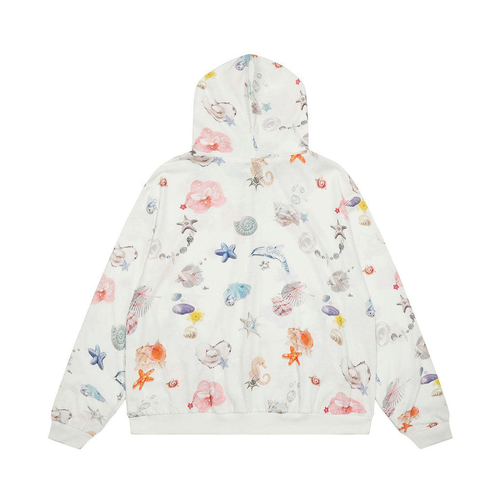 Ocean and Floral Motif Full Zip Hoodie