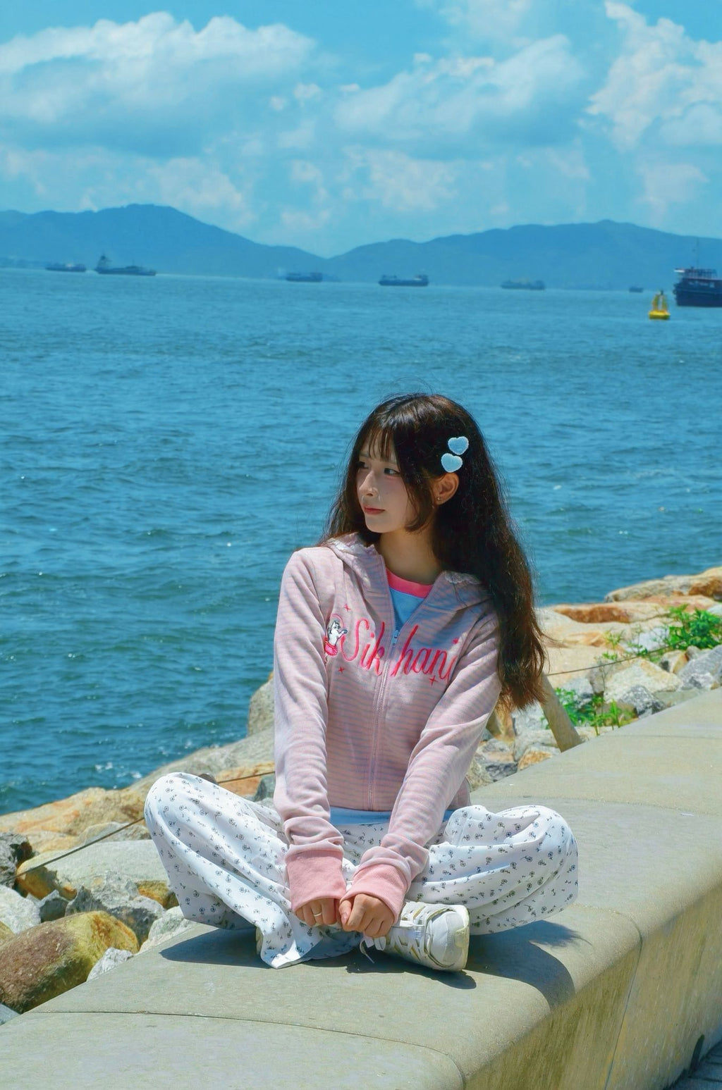 Cat-Ear Striped Lace-Paneled Full Zip Hoodie