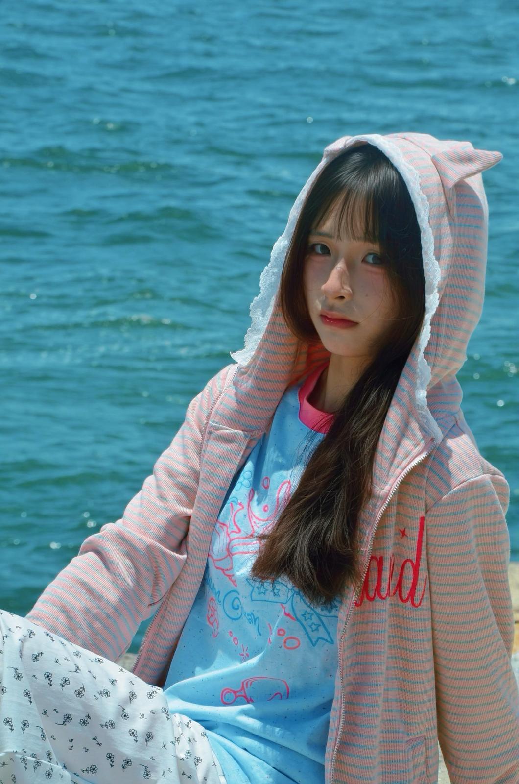 Cat-Ear Striped Lace-Paneled Full Zip Hoodie