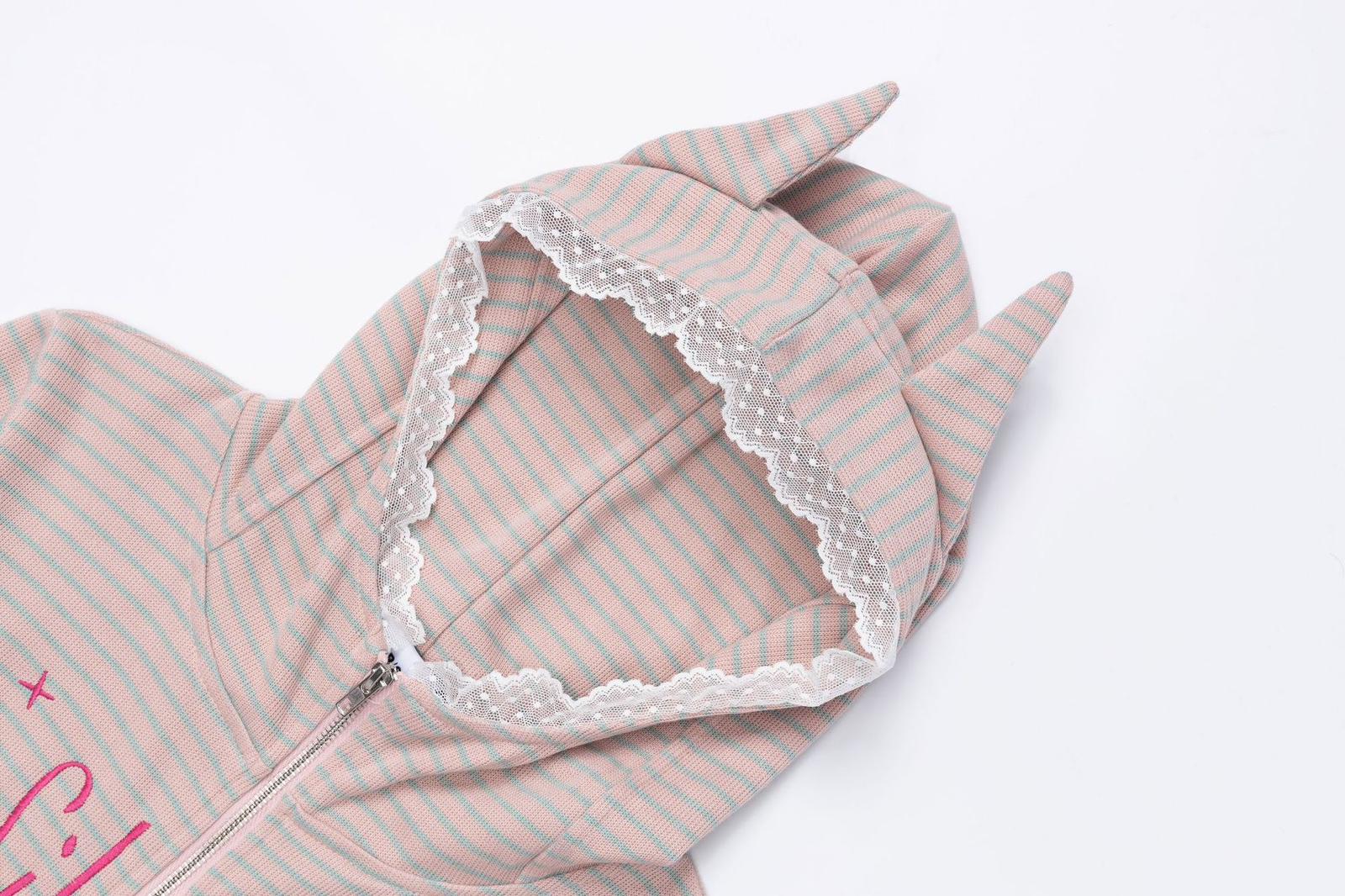 Cat-Ear Striped Lace-Paneled Full Zip Hoodie