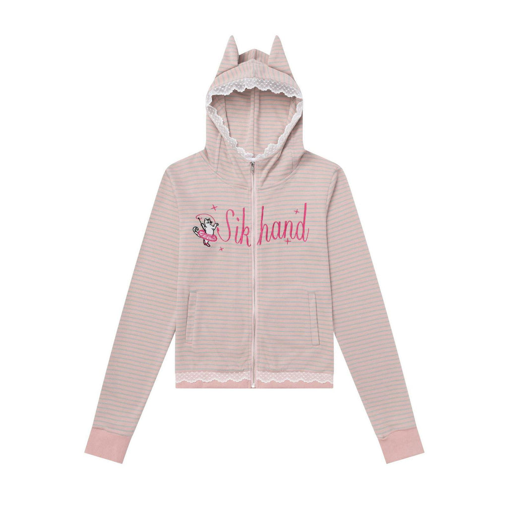 Cat-Ear Striped Lace-Paneled Full Zip Hoodie