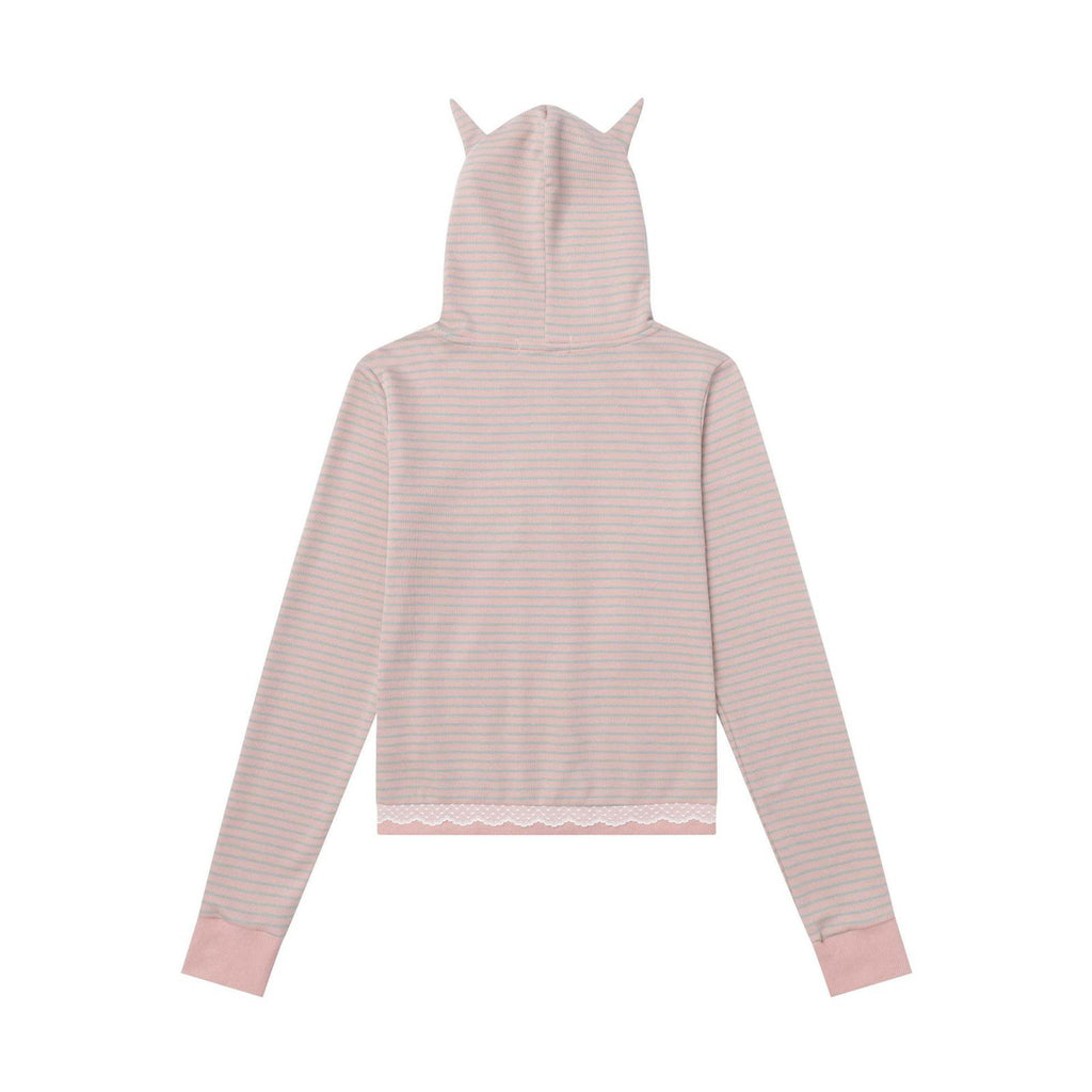 Cat-Ear Striped Lace-Paneled Full Zip Hoodie