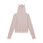 Cat-Ear Striped Lace-Paneled Full Zip Hoodie