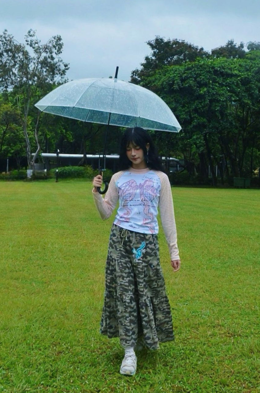 Camouflage print tiered maxi skirt