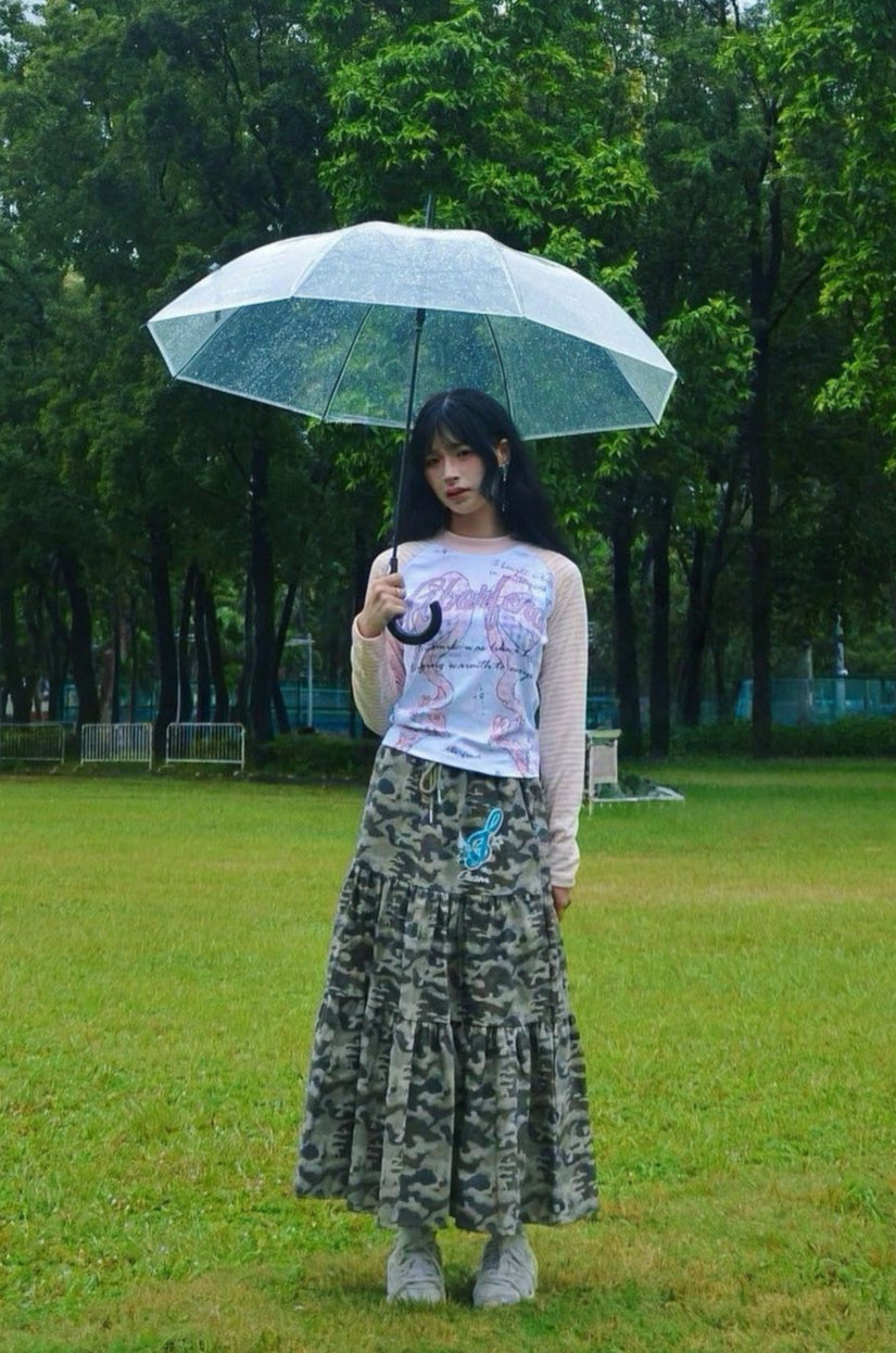 Camouflage print tiered maxi skirt